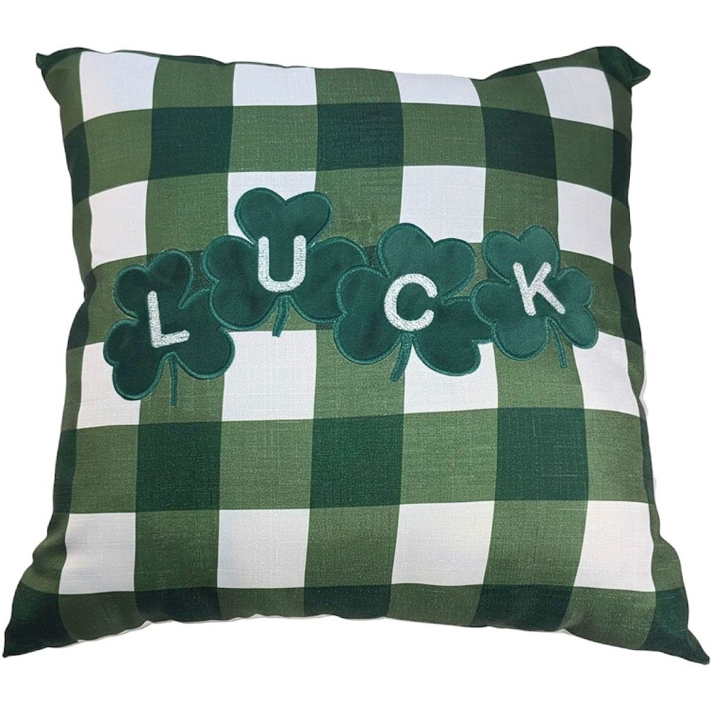 Kirkton House Green Buffalo Check Luck Shamrock Embroidered Throw Pillow 18x18
